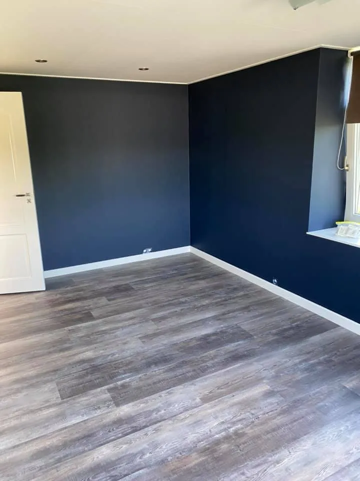 Slaapkamer met twee donkerblauwe muren