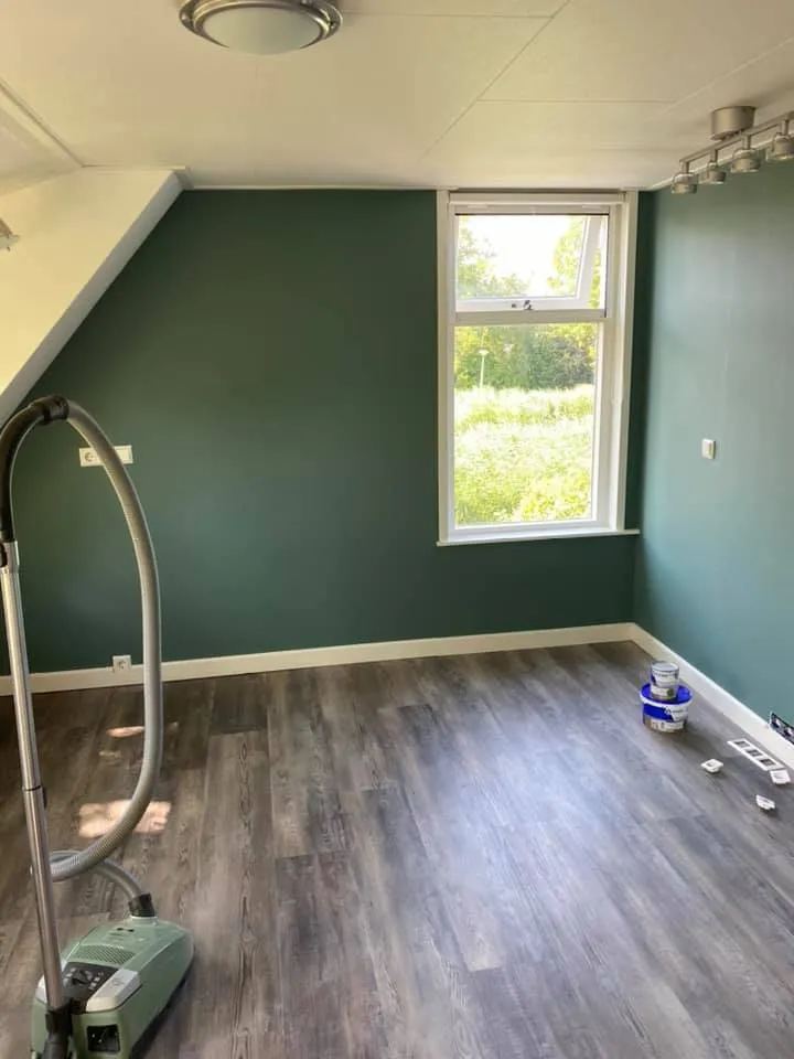 Kamer met donkergroene muren en laminaatvloer
